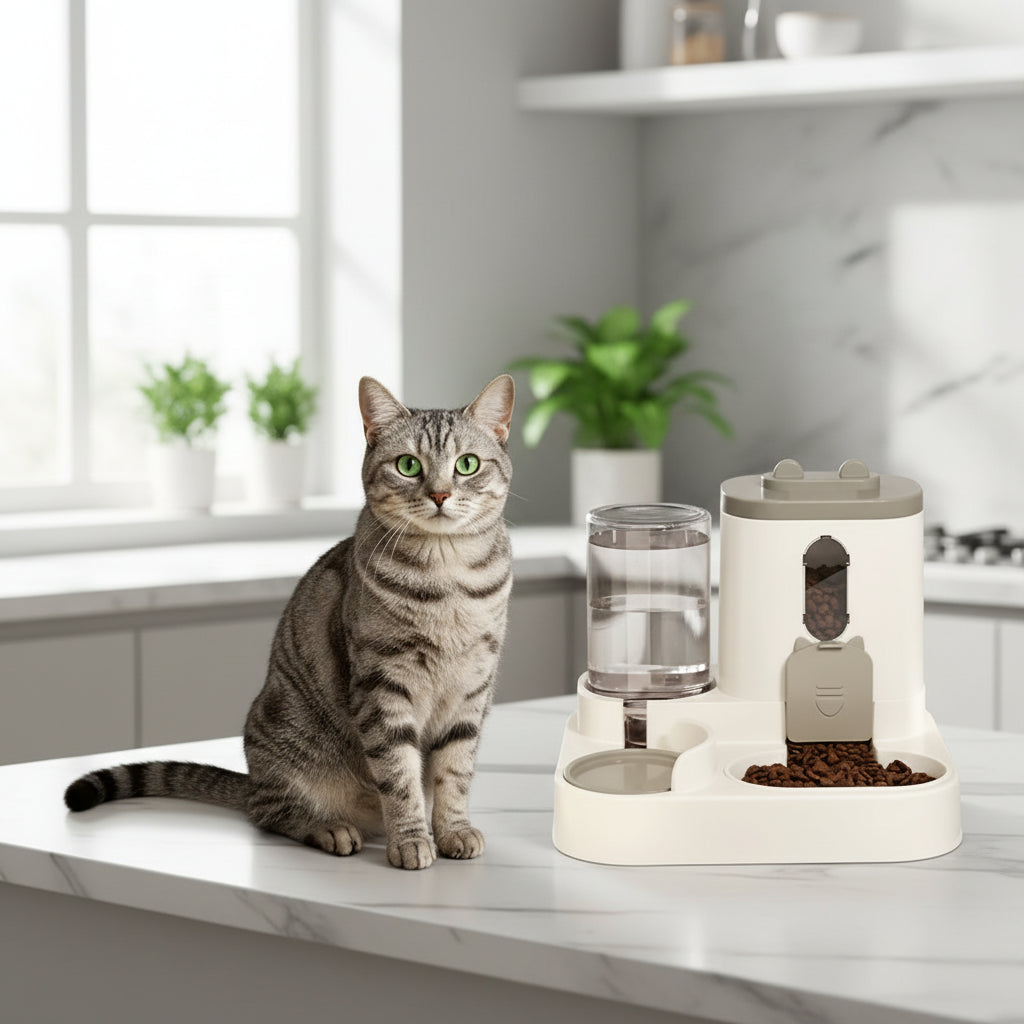 Dispensador 2 em 1: Comida & Água Sempre Frescas!